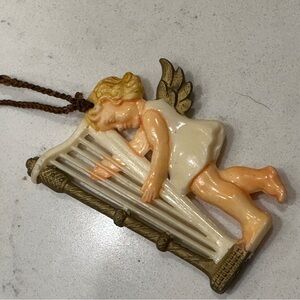 Vintage Angel Harp Christmas Ornament Celluloid Figural Mid Century antique Xmas